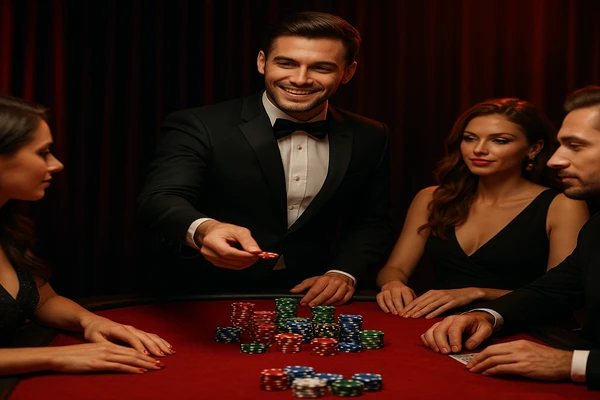 আলো ঝলমলে গেমিং পরিবেশে একজন আত্মবিশ্বাসী ডিলার pkLock অ্যাকাউন্টে নিরাপদে লগইন করার আমন্ত্রণ জানাচ্ছেন।